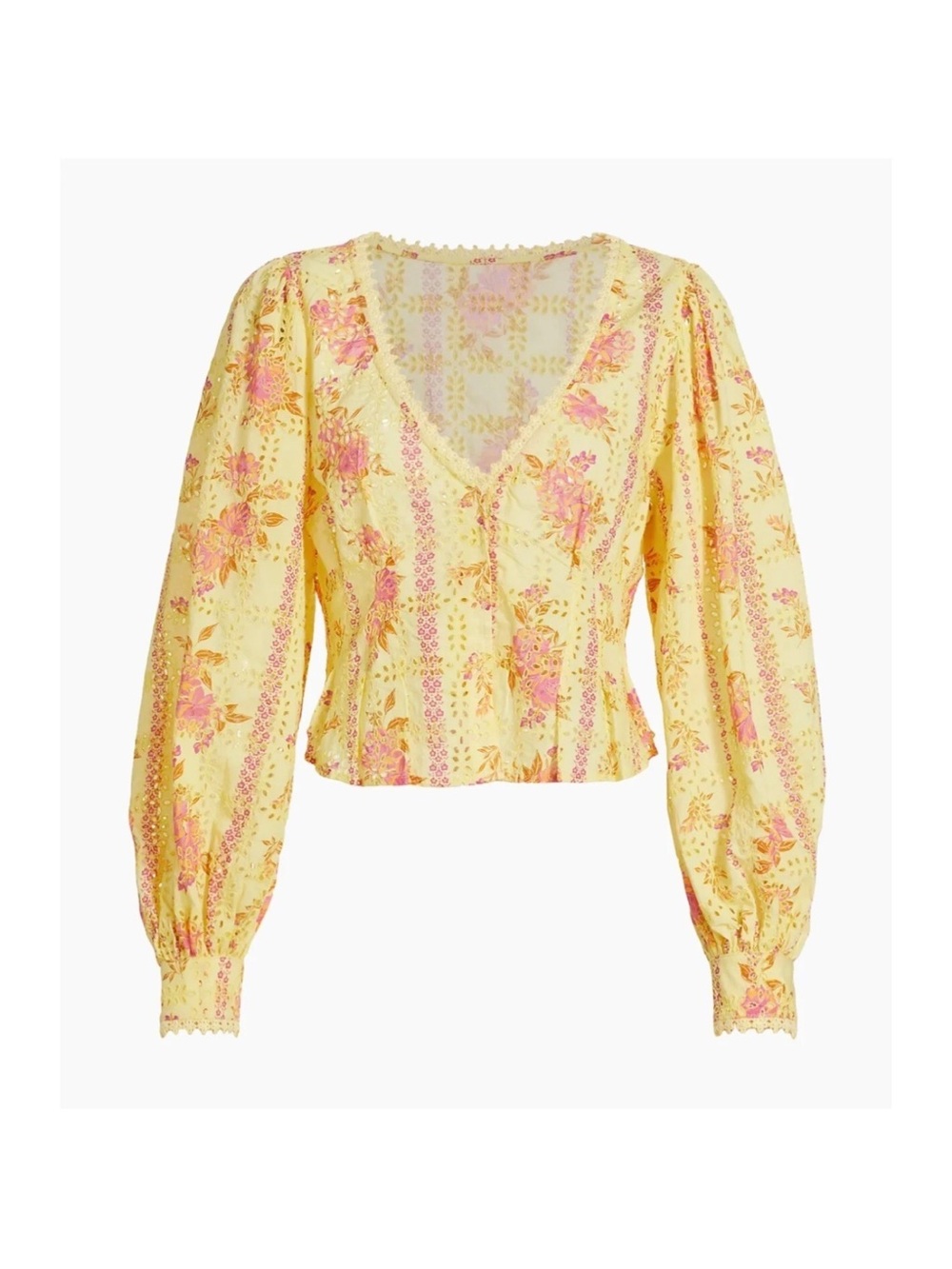 Free People Yellow Eyelet V-Neck Floral Blouse